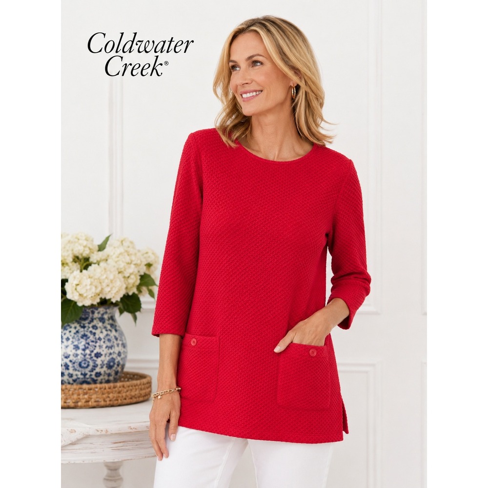 Coldwater Creek Textured Tunic Top Pink Red Pocket Sweater Small